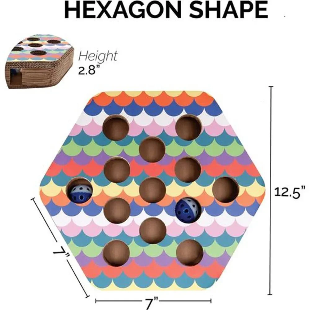 Hexagon Corrugated Cat Scratcher Busy Box Toy w/ Catnip - Rainbow Scales